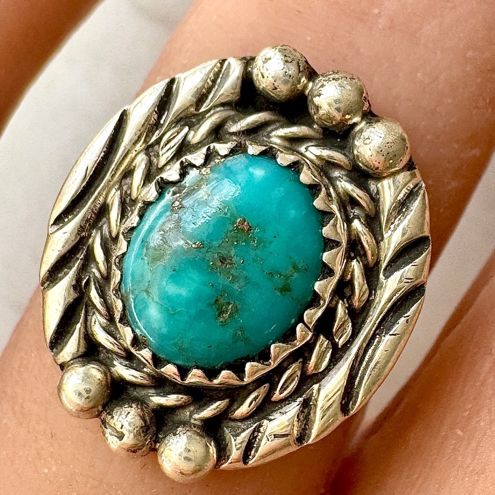Navajo‎ Turquoise Ring Sz 6 Sterling Begay Native American Tooled Rope Bezel